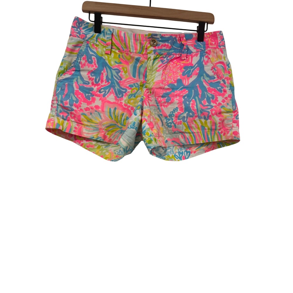 Lilly Pulitzer Callahan Shorts Womens 4 Pink Blue Tropical Floral Cotton Chino